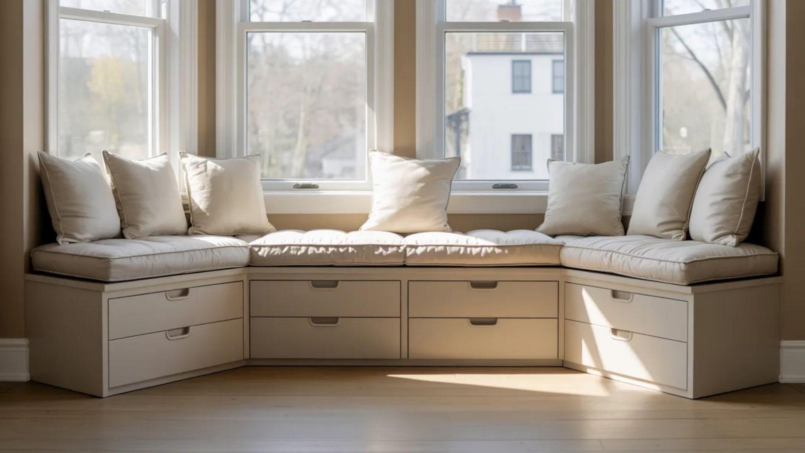 Cozy bay window nook with beige cushions and pillows on a wooden bench featuring storage drawers, surrounded by large windows, bathed in soft sunlight.