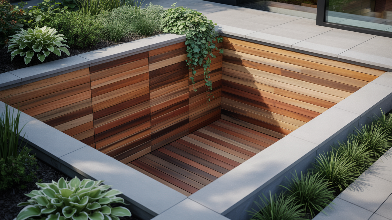 A sunken garden area with wooden panel walls surrounded by lush green plants and succulents on a stone-paved patio, creating a serene atmosphere.