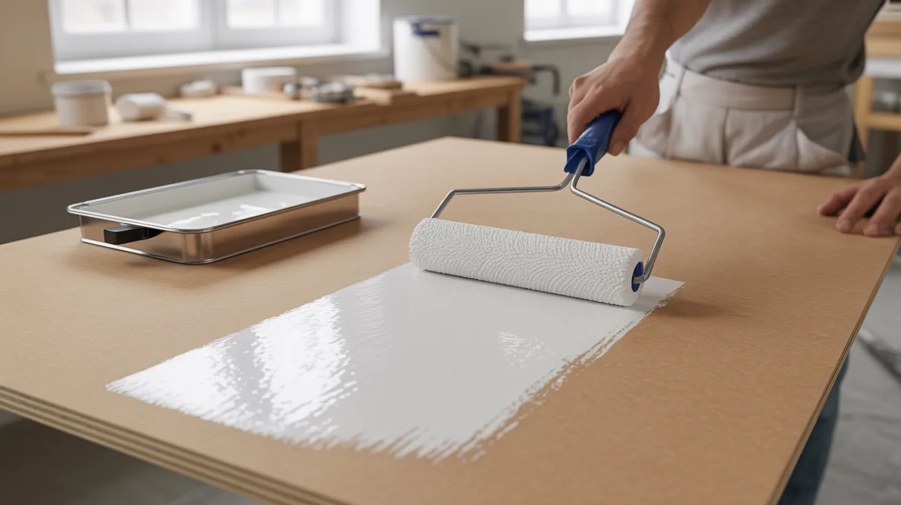 A person uses a paint roller to apply white paint on a wooden surface. Nearby is a paint tray. The setting is a workshop with tools in the background.