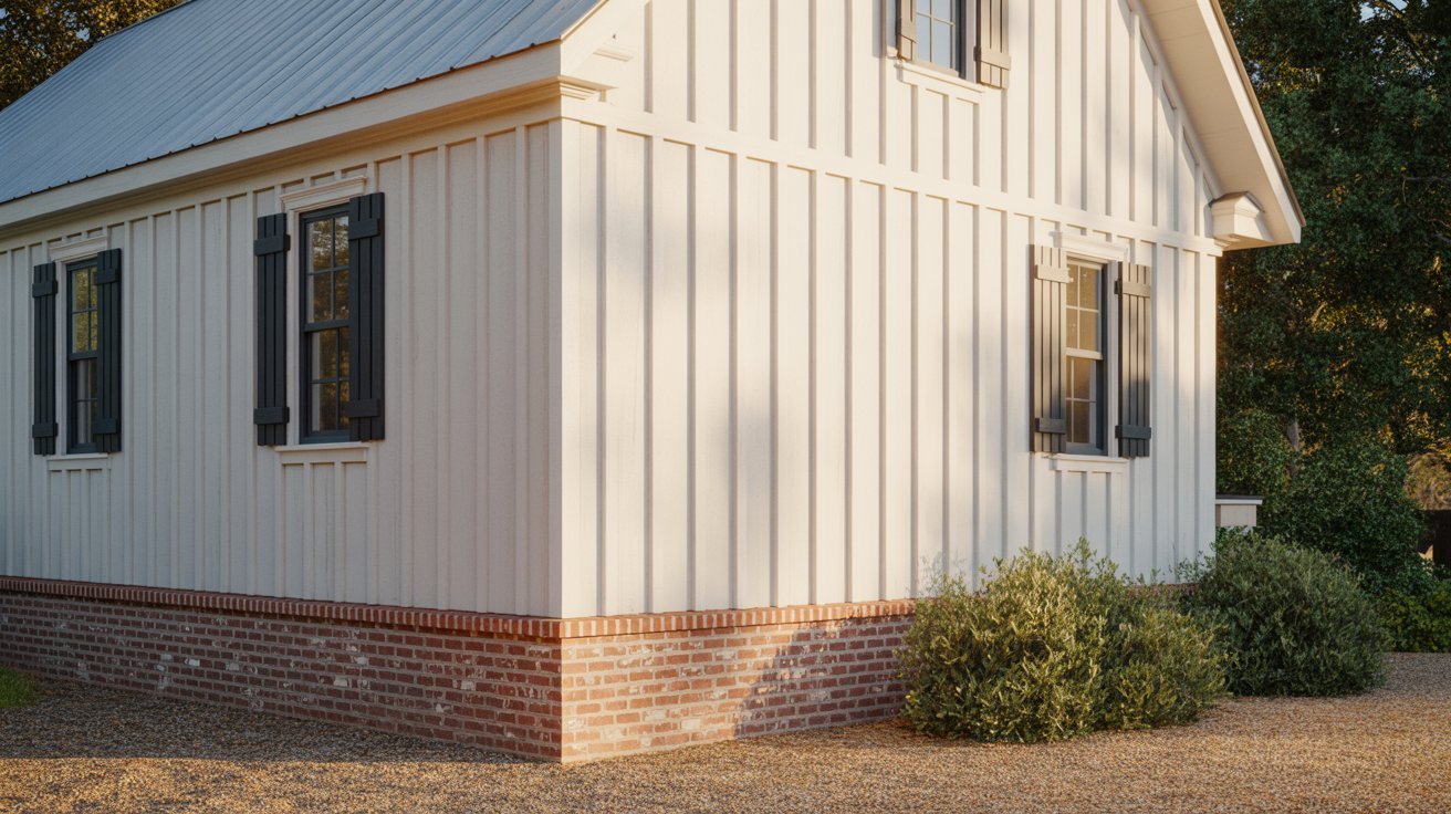 A small white house featuring black shutters on its windows.