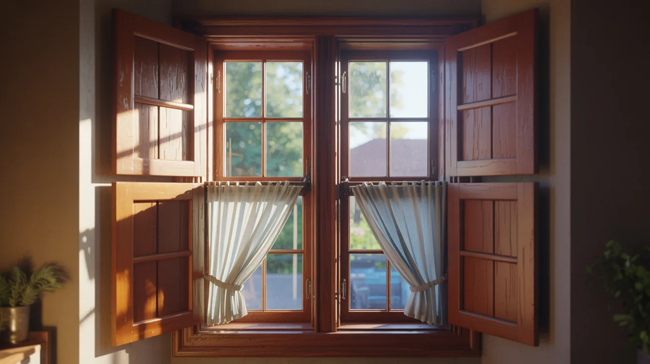 A sunlit wood-framed window with open wooden shutters and sheer white curtains gently parted, revealing a blurred view of trees and a house outside. Cozy and serene ambiance.