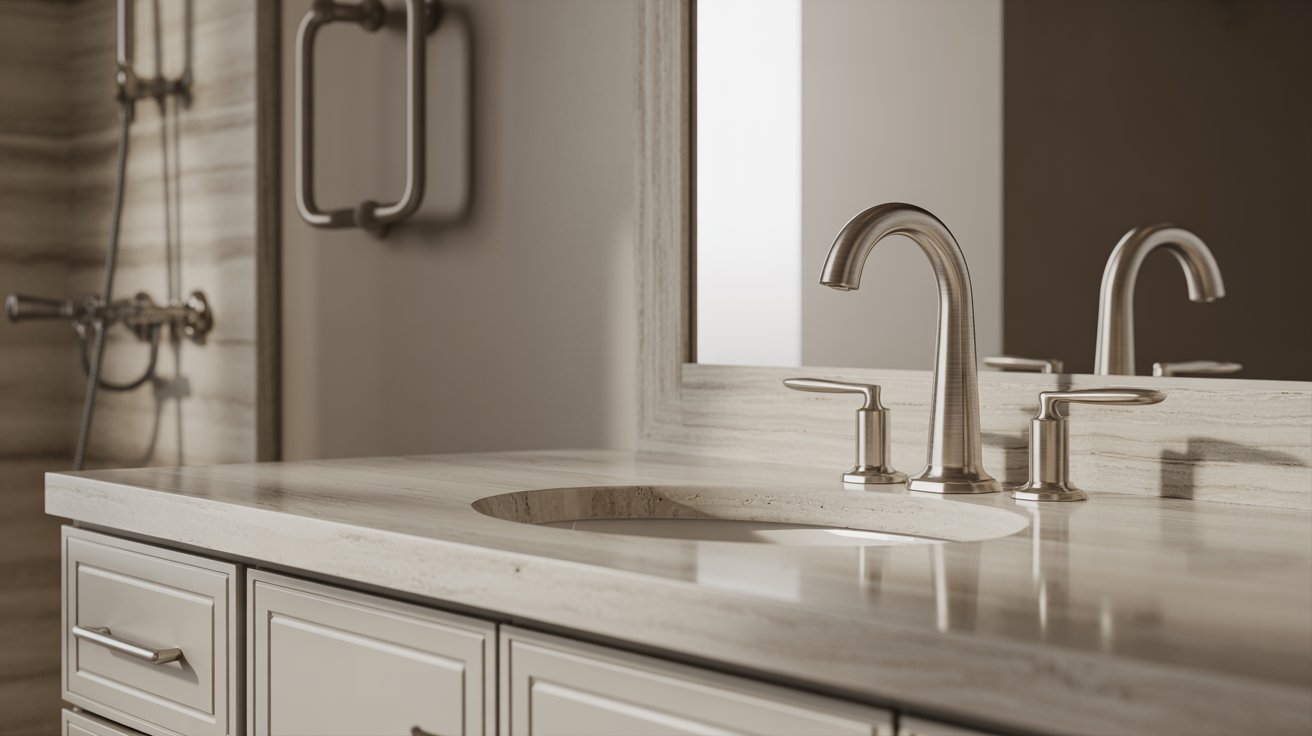 A bathroom sink featuring a modern faucet and a showerhead above, set against a neutral wall.
