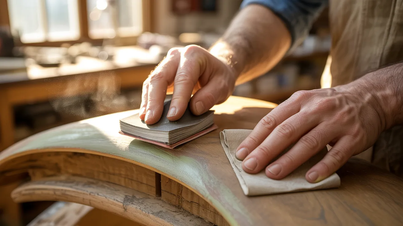 Person sanding a wooden surface in a sunlit workshop. Hands hold sandpaper and a cloth, conveying focus and craftsmanship in woodworking.