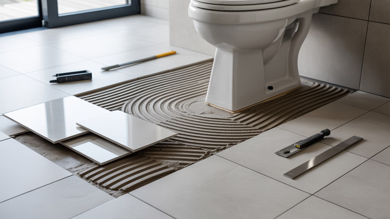 Bathroom renovation scene with unfinished tile placement around a toilet. Tools and tiles are scattered on the floor, conveying a work-in-progress tone.