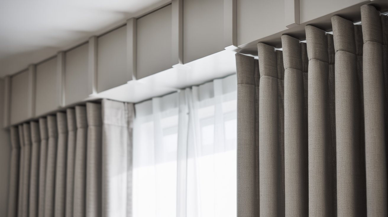A window adorned with flowing curtains hanging from a sleek curtain rod, allowing natural light to filter through.
