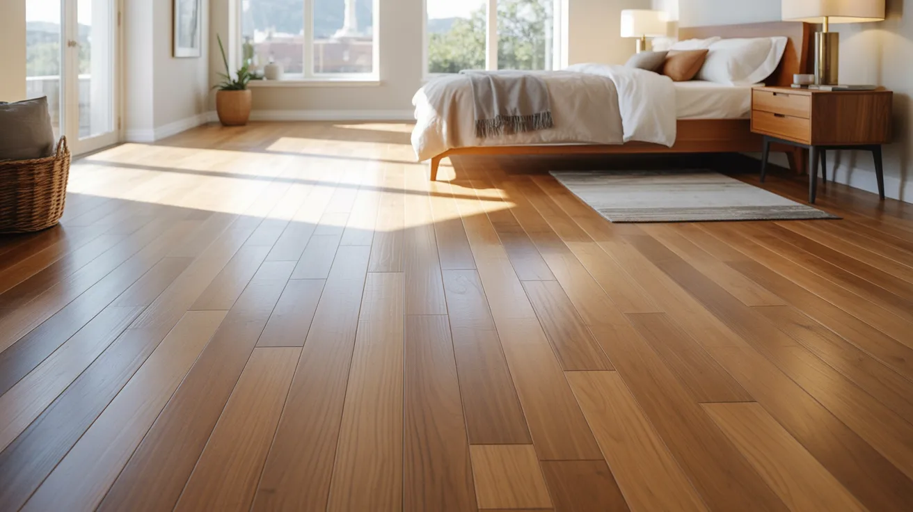 A cozy bedroom featuring wooden floors and a neatly made bed, creating a warm and inviting atmosphere.