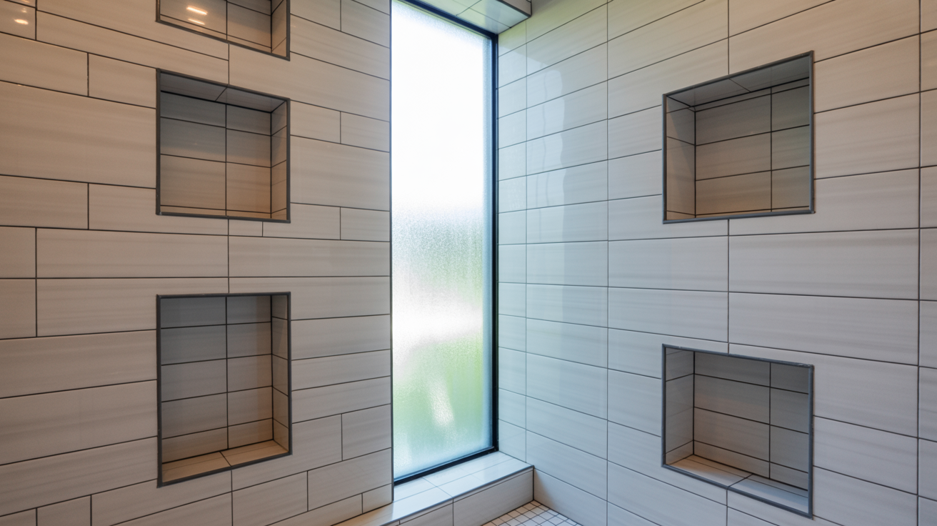 Modern shower with frosted glass window, white rectangular tiles, and recessed shelves. The bright, clean design is simple and minimalist.