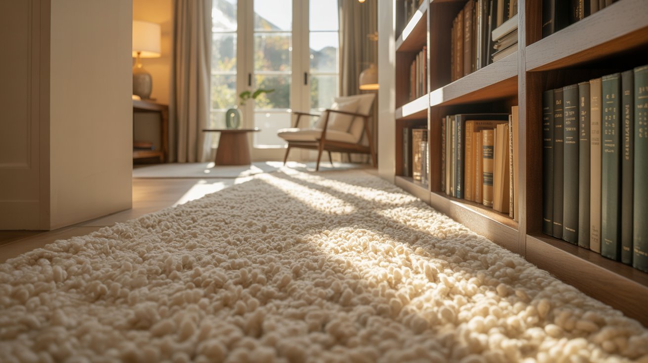A colorful rug lies in front of a wooden bookshelf filled with various books.