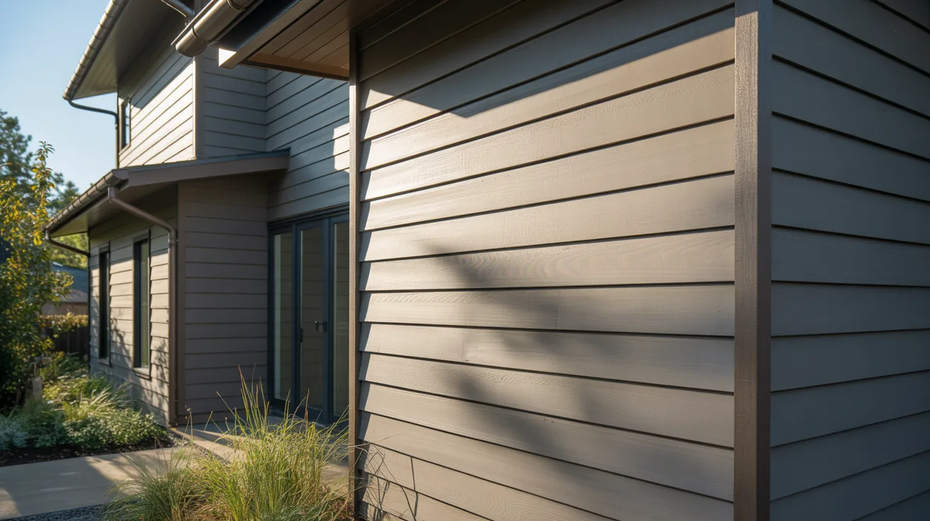 Modern house exterior with beige horizontal siding, highlighted by sunlight. A path and green plants border the home, conveying a clean, serene atmosphere.