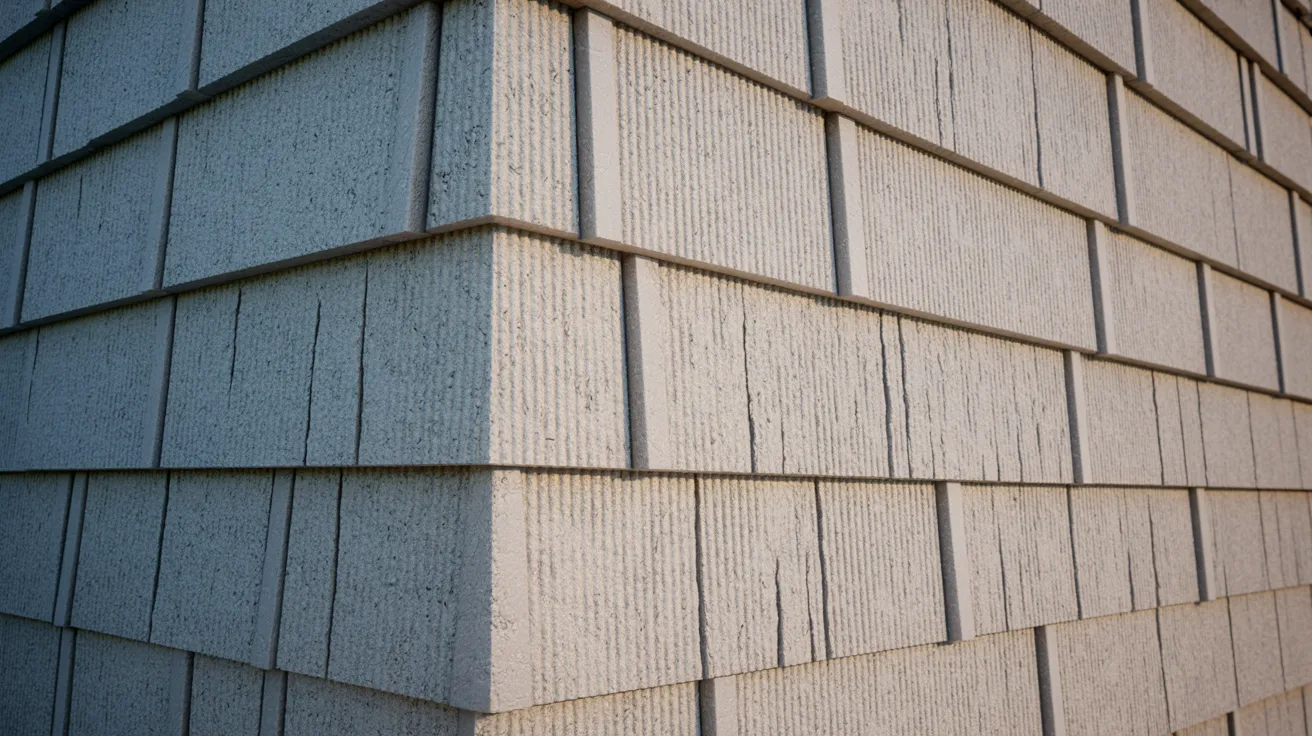 Close-up of the corner of a building with textured, rectangular beige concrete siding. The lines create a pattern, conveying a modern and sturdy appearance.