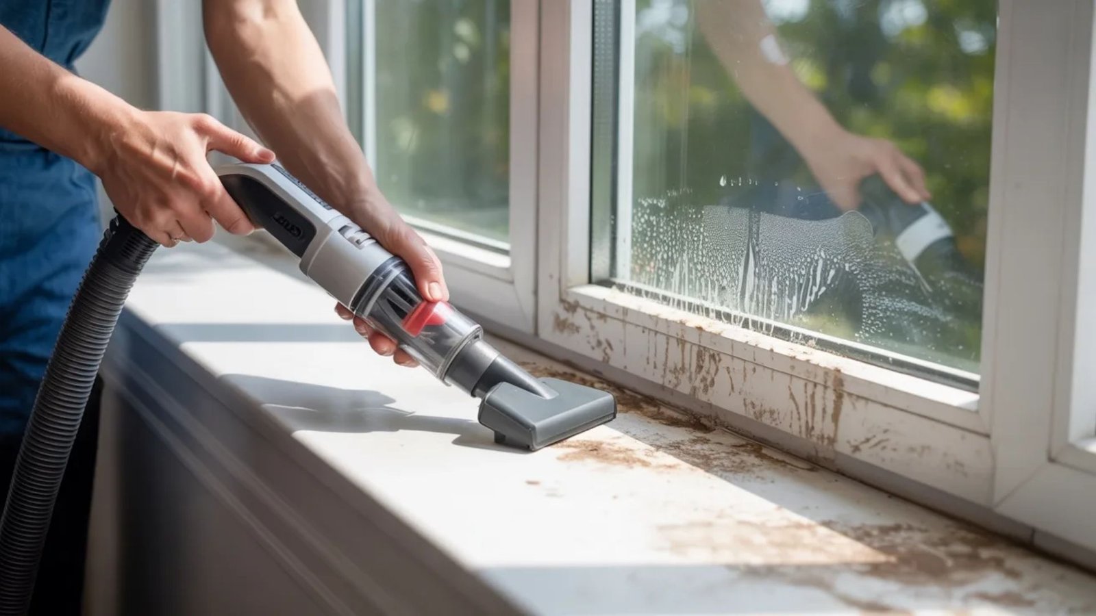 A person vacuuming a window, demonstrating a unique cleaning method for removing dust and debris.