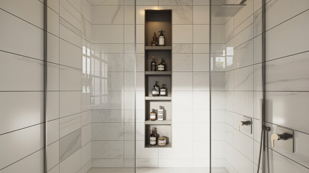 A sleek modern bathroom featuring a glass shower door and contemporary fixtures.