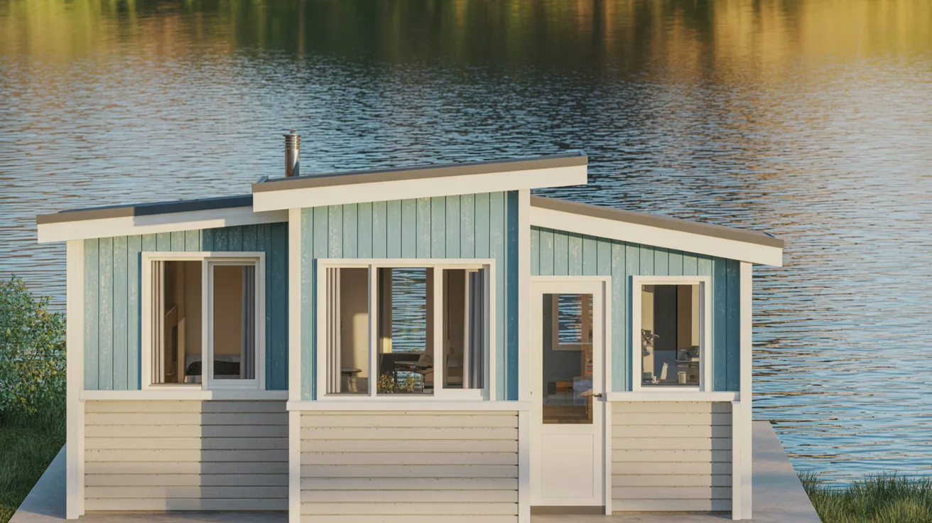 A small blue house sits on a dock beside calm water, surrounded by a serene natural landscape.