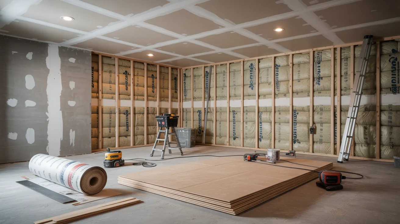 A room filled with various construction materials and equipment, showcasing tools and supplies for building projects.