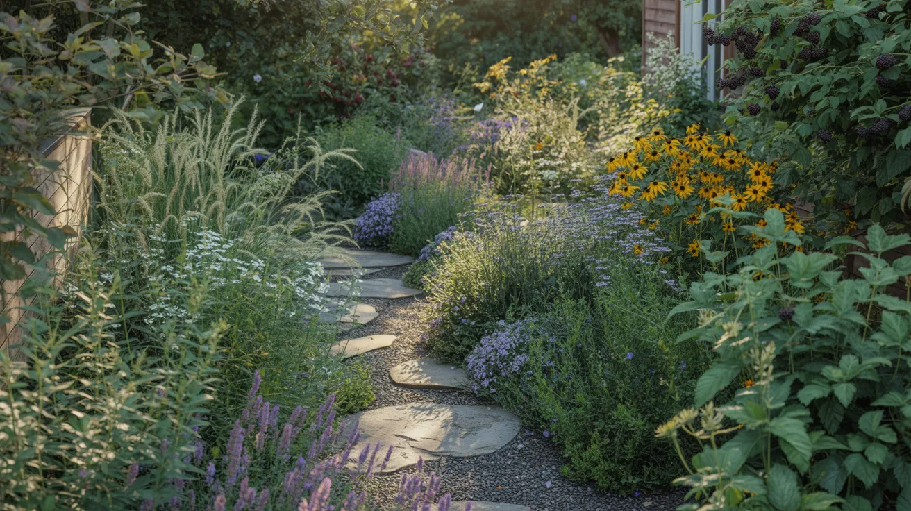 A garden path featuring a stone walkway bordered by colorful flowers in full bloom.