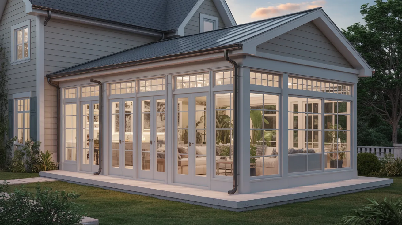 A house featuring a spacious sunroom and a patio, surrounded by greenery and sunlight.