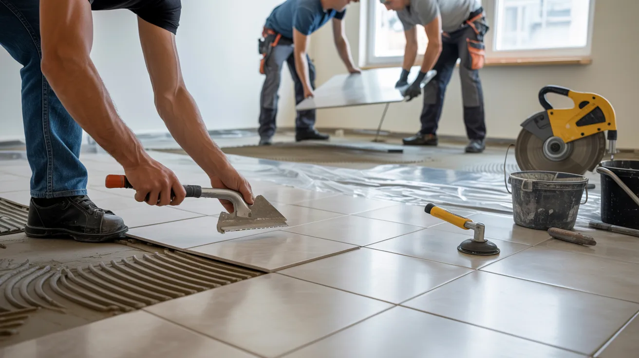 A man using a tile trowel to work on a tile floor, focused on laying tiles with precision and care.