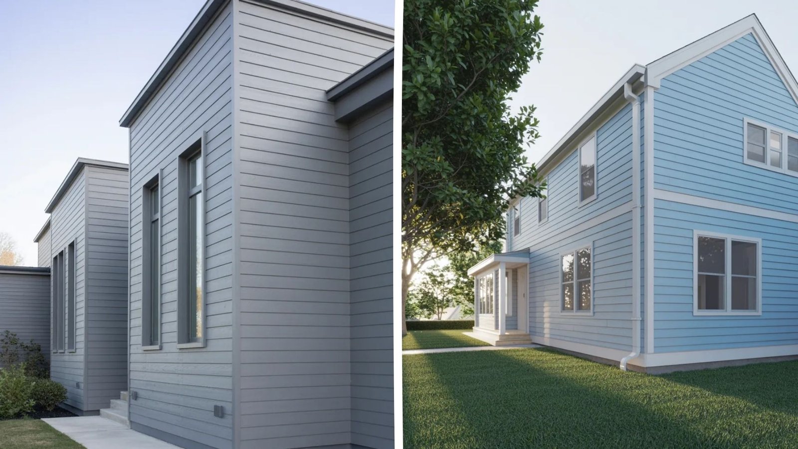 Split image: Left shows a modern gray house with tall windows under a clear sky. Right shows a spacious light blue house with white trim and a lush lawn.