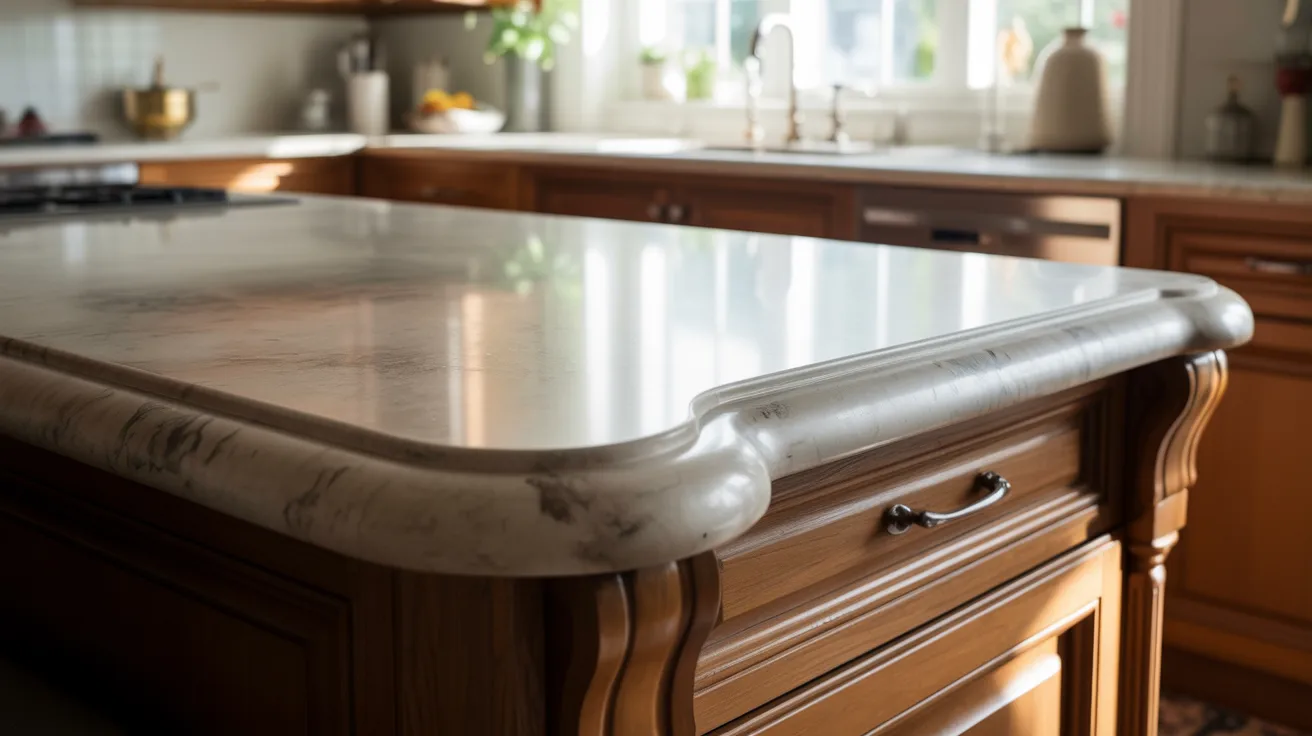 A modern kitchen island featuring a sleek marble countertop, surrounded by wooden cabinetry and bright lighting.
