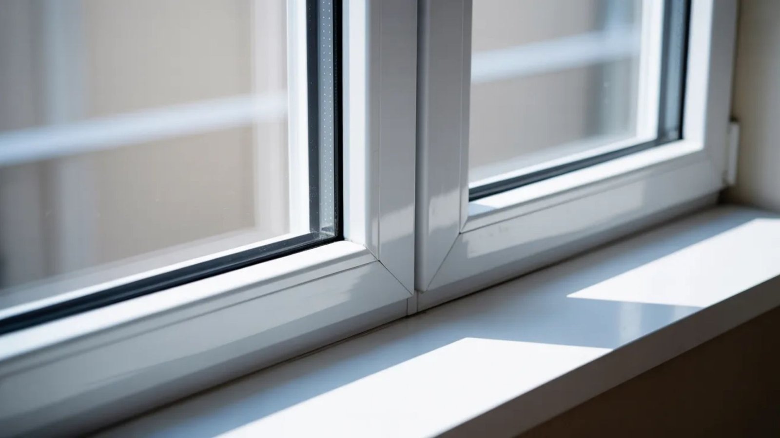 Close-up of a white-framed window with sunlight casting a shadow on the windowsill. The scene conveys a sense of tranquility and cleanliness.