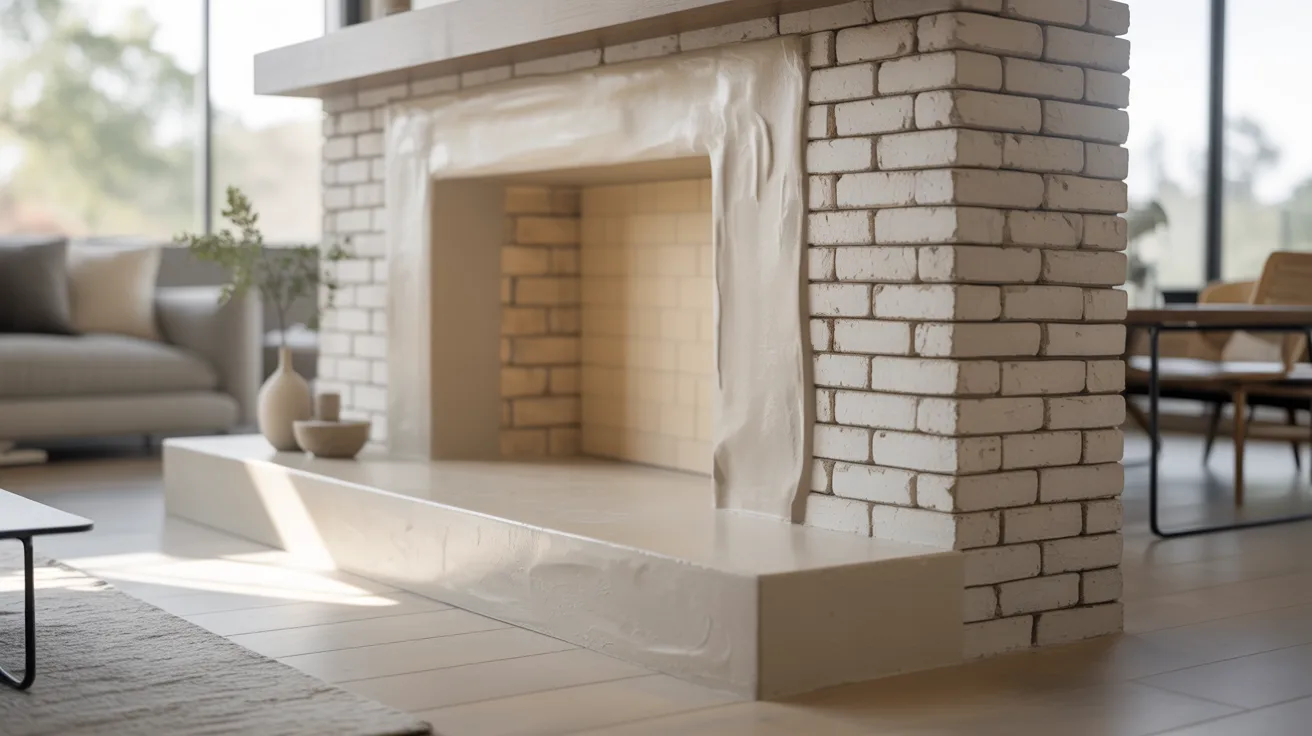 A modern living room featuring a white brick fireplace with a minimalist design. Soft natural light filters through large windows, creating a cozy atmosphere.