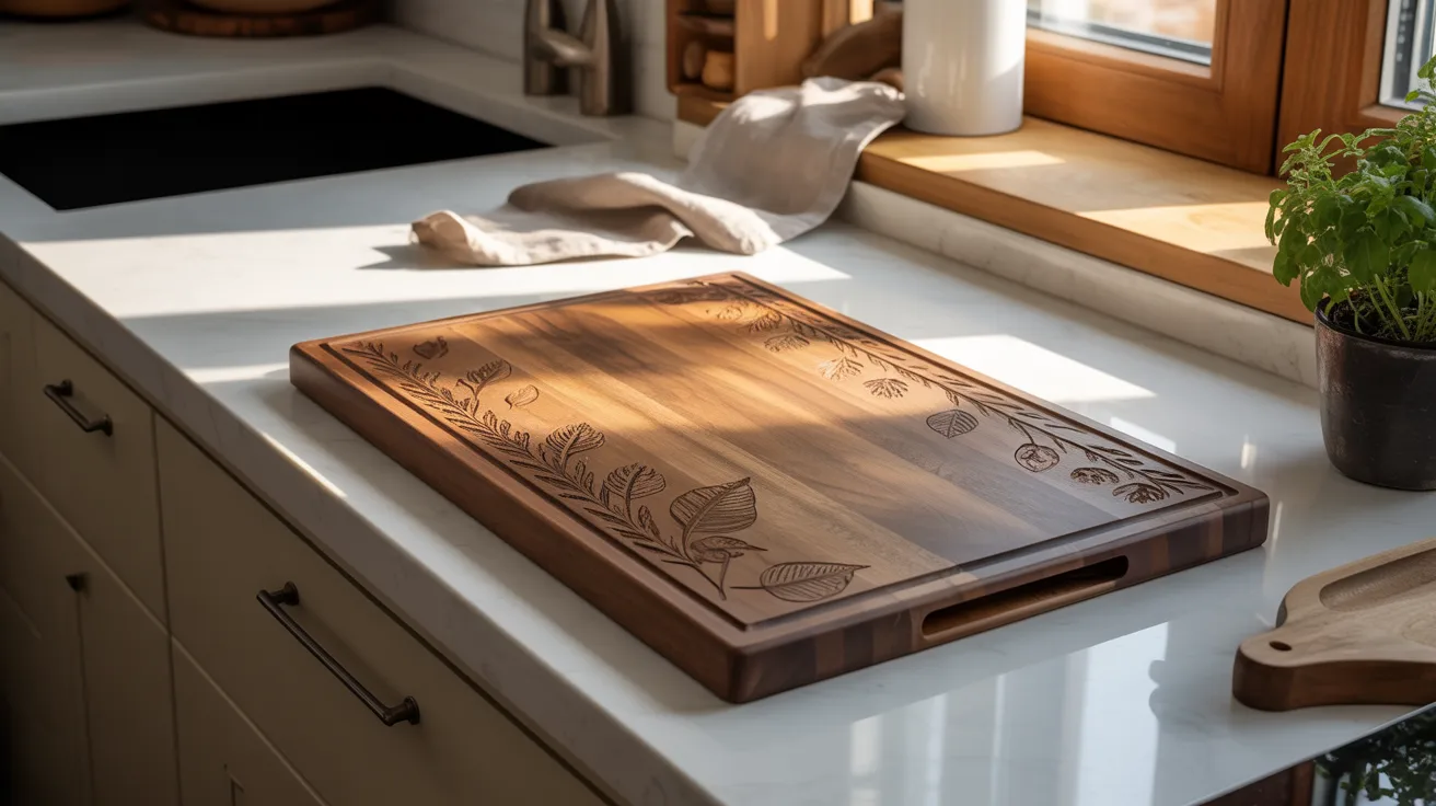 A sunlit kitchen counter features an engraved wooden cutting board with leaf motifs. Nearby are a potted plant and a folded beige cloth, creating a cozy, natural feel.