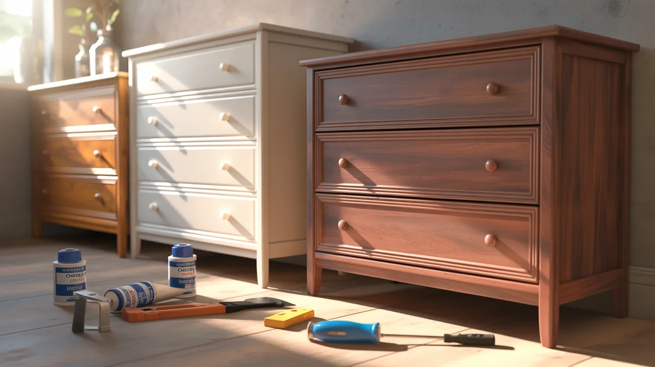 Three wooden dressers in various finishes are bathed in sunlight, with tools and wood stain cans on the floor, conveying a warm, workshop atmosphere.
