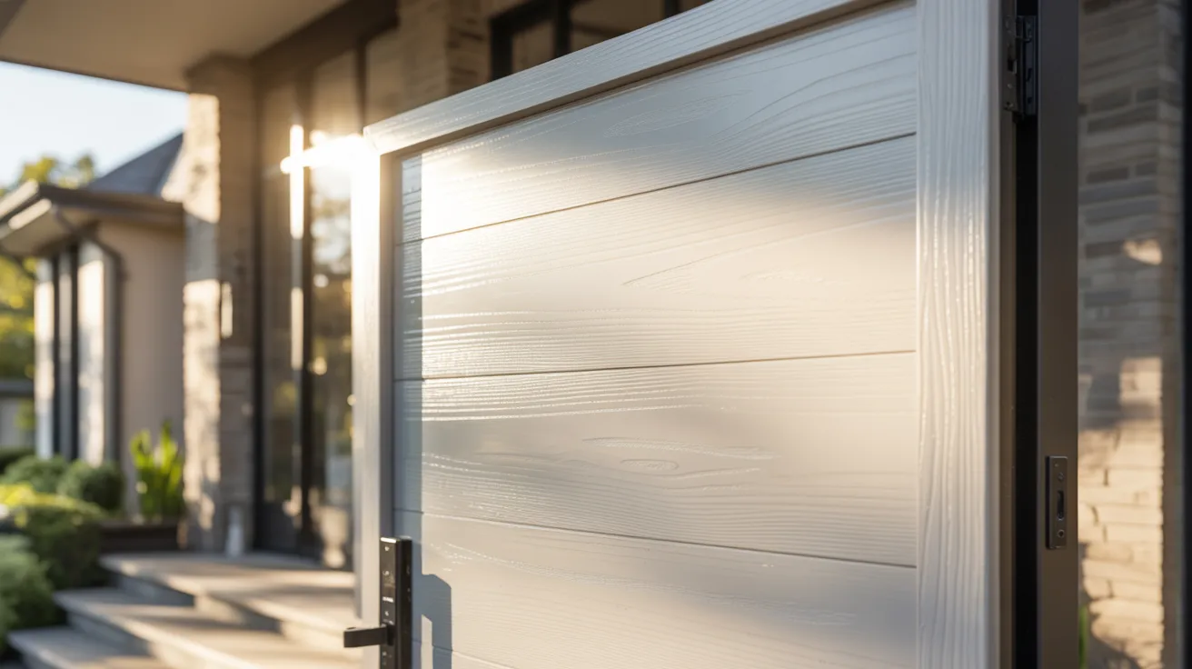 A sunlit modern front gate partially open, revealing a contemporary house entrance. Soft sunlight casts gentle shadows, creating a warm and inviting atmosphere.