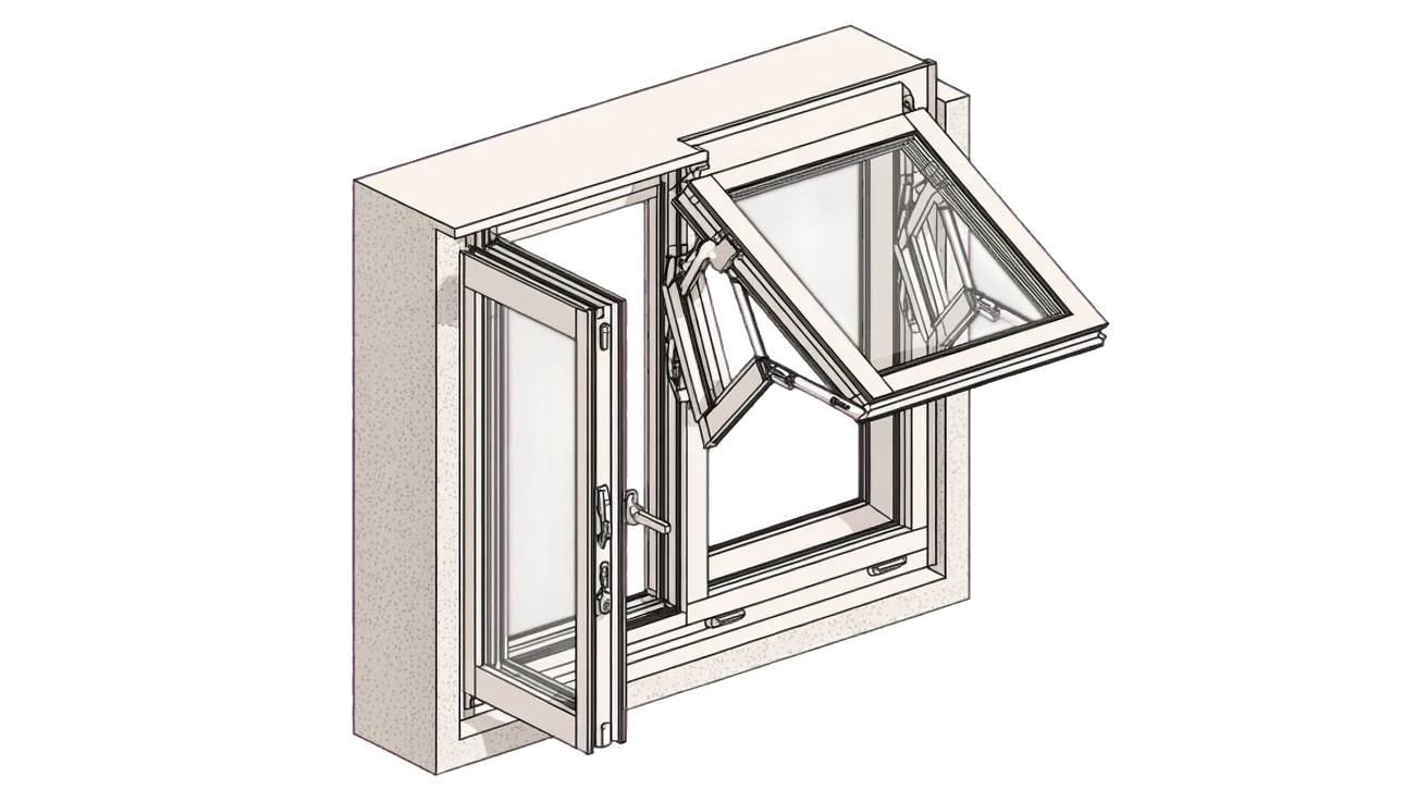 Illustration of a window on a black background, showing an open door-like section and an awning-style pane, revealing the mechanical hinges.