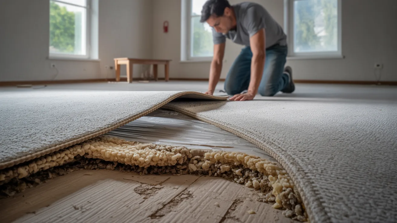 A man lies on the floor, surrounded by a patterned carpet beneath him.