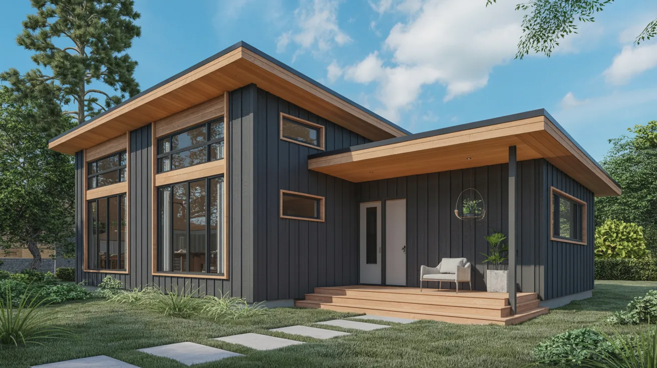 Dark Blue Siding With Light Wood Trim