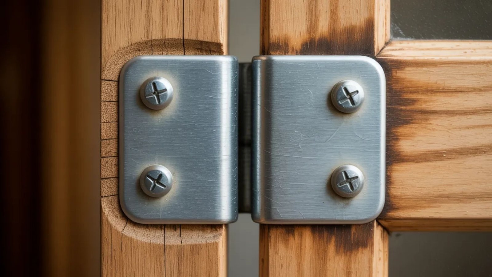 Close-up of a silver metal door hinge with four screws attaching it to two panels of light wood. The wood shows distinct grain patterns, conveying a rustic feel.