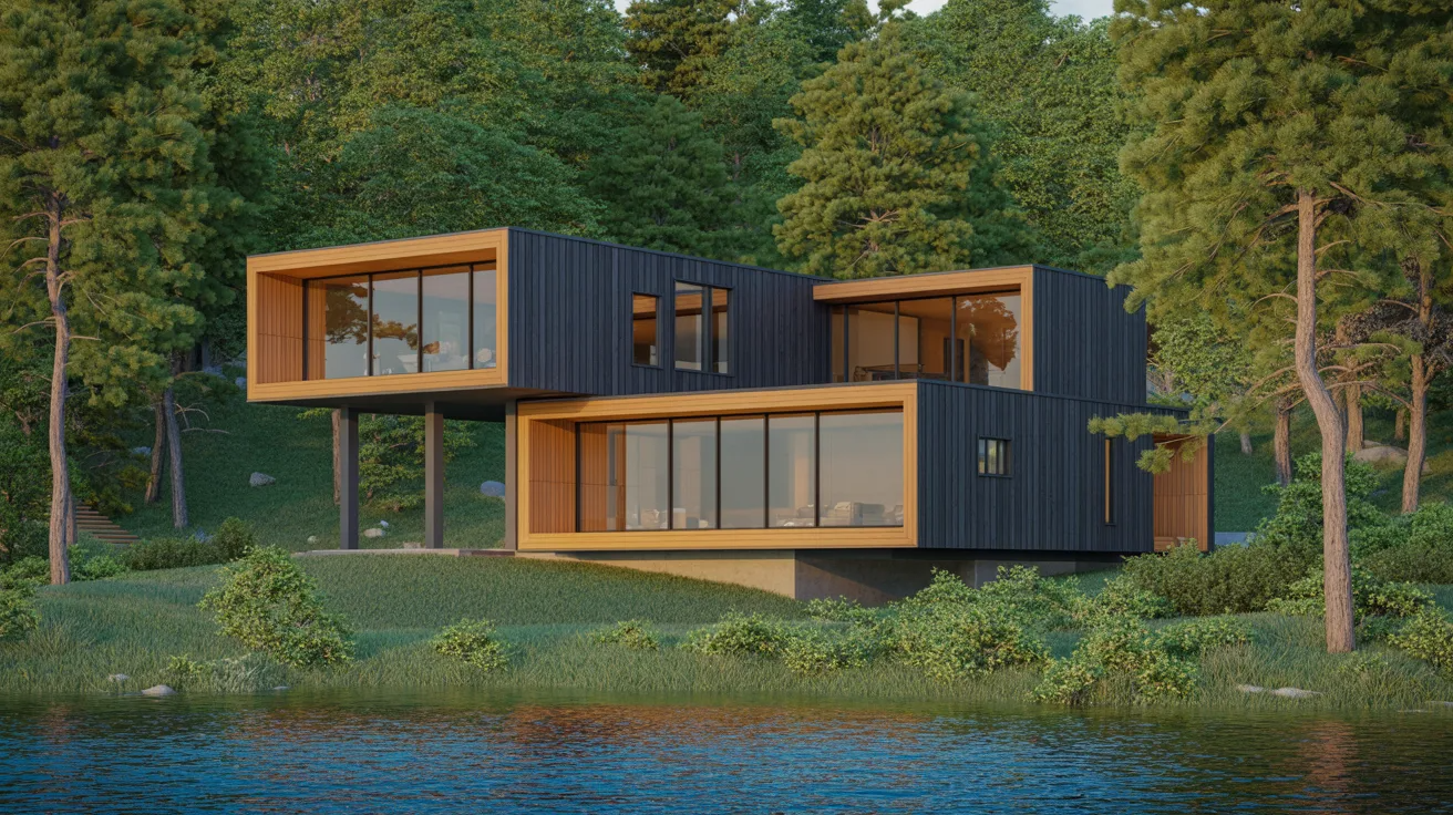 A contemporary house perched on a hill, offering a scenic view of the water below.