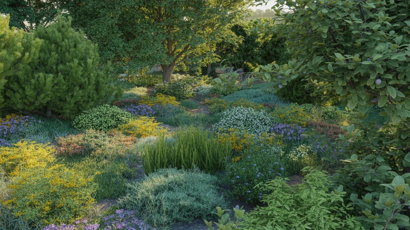 A vibrant garden filled with a variety of colorful plants and flowers, showcasing diverse shapes and sizes.