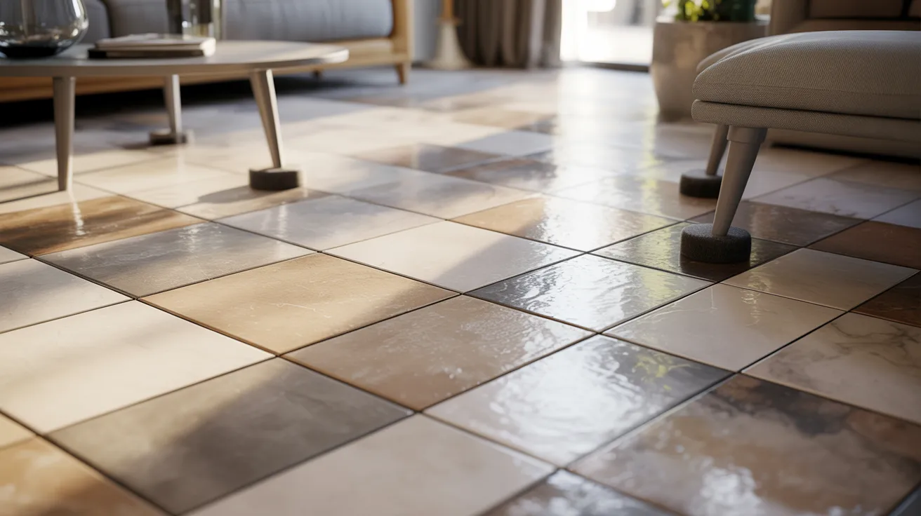 A living room featuring a tiled floor and a couch, creating a cozy and inviting atmosphere.