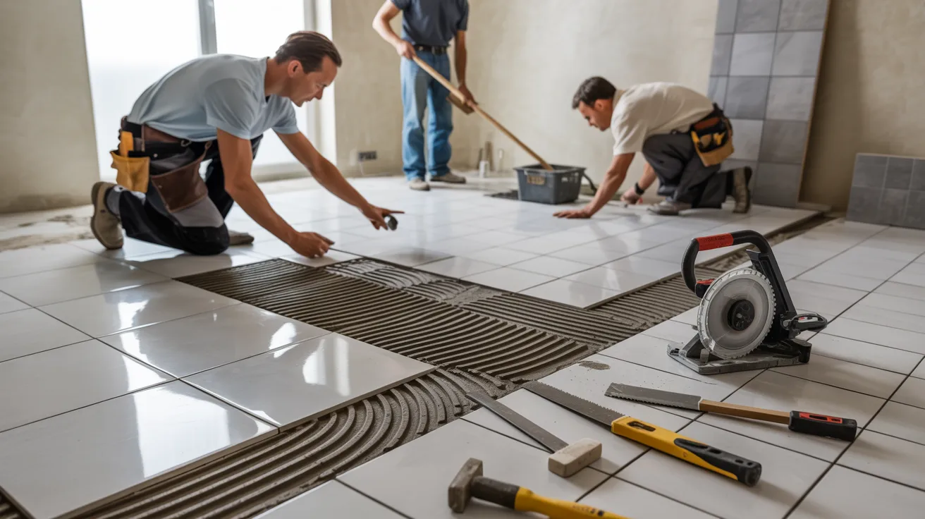 Two men installing tiles on a floor in a residential home, focused on their work with tools and materials around them.