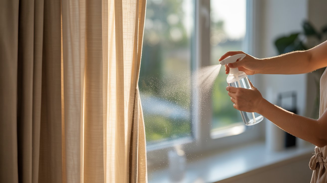 A woman sprays water on a window curtain, likely to clean or refresh it.