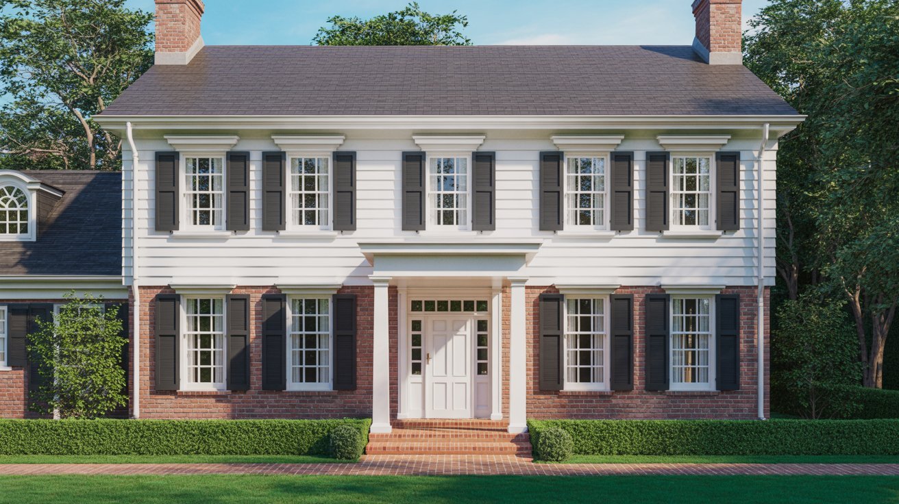 Artist's rendering of a two-story house featuring a sloped roof and large windows.