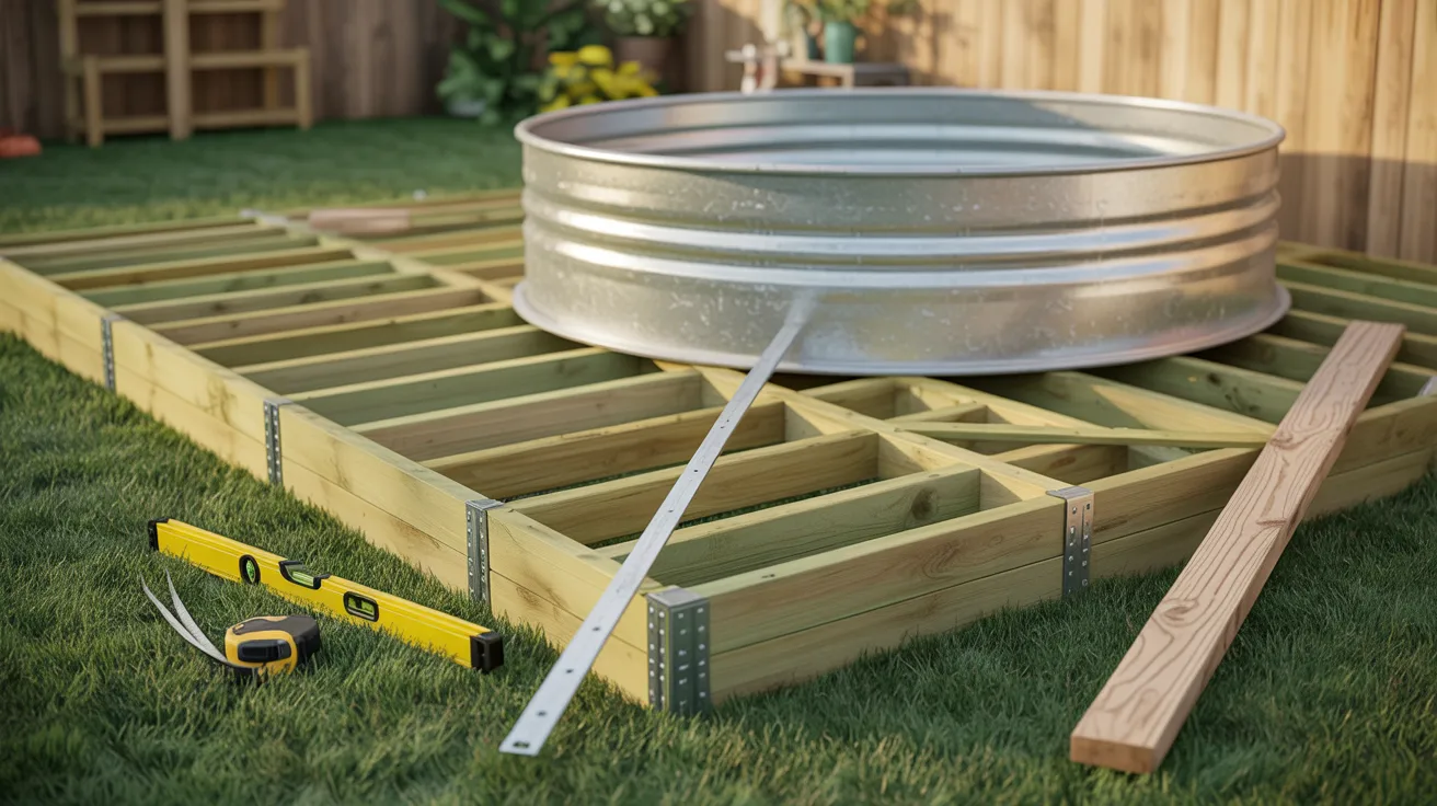 Building scene with wooden deck frame, tools, and a large metal tub on green grass. A yellow level and tape measure suggest construction in progress.