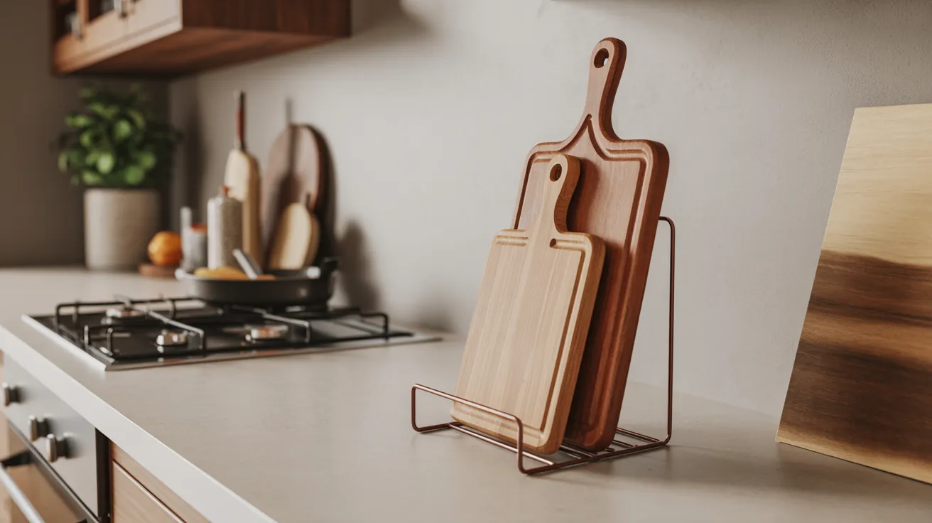 A modern kitchen countertop with stacked wooden cutting boards on a metal rack. Soft lighting, stovetop, potted plant, and utensils create a cozy, organized atmosphere.