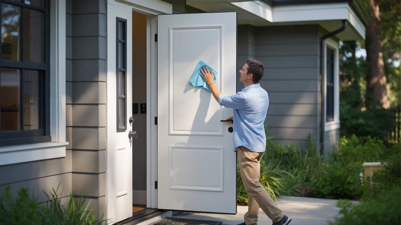 A person in a light blue shirt cleans a white front door with a cloth. They appear content, with sunlight illuminating the house and a garden in the background.