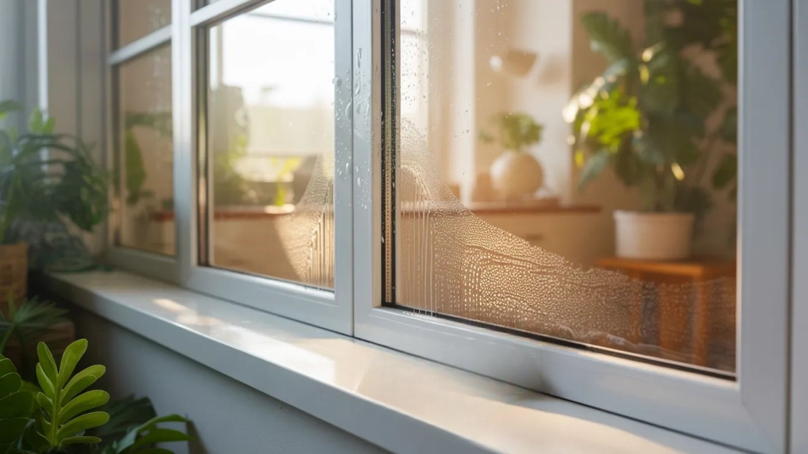 A white-framed window with a green plant on the sill, allowing natural light to illuminate the space.