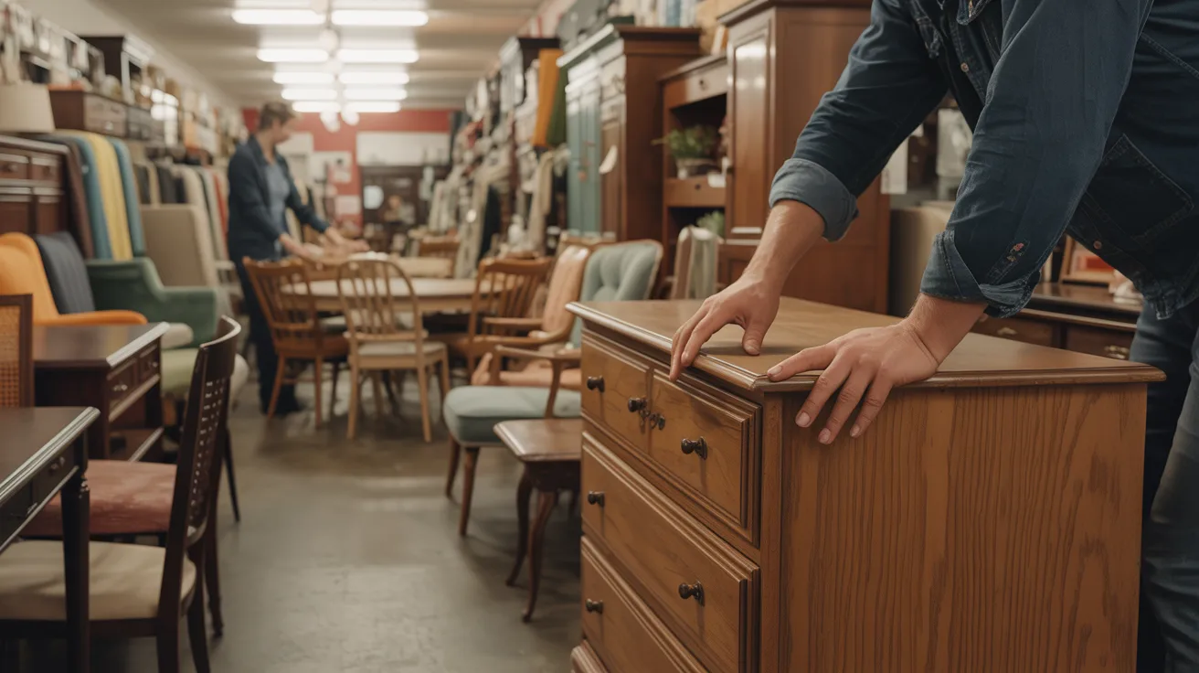 A person moves a wooden dresser in a furniture store aisle filled with vintage chairs and tables. The store is organized yet slightly cluttered, conveying a cozy atmosphere.