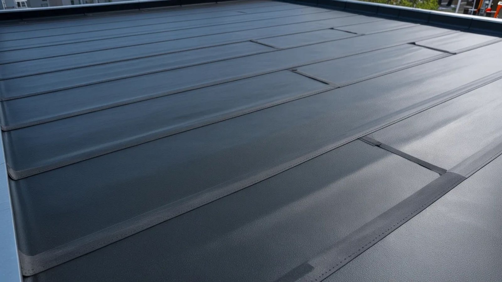 A close-up view of a roof featuring a sleek, modern metal roofing system.