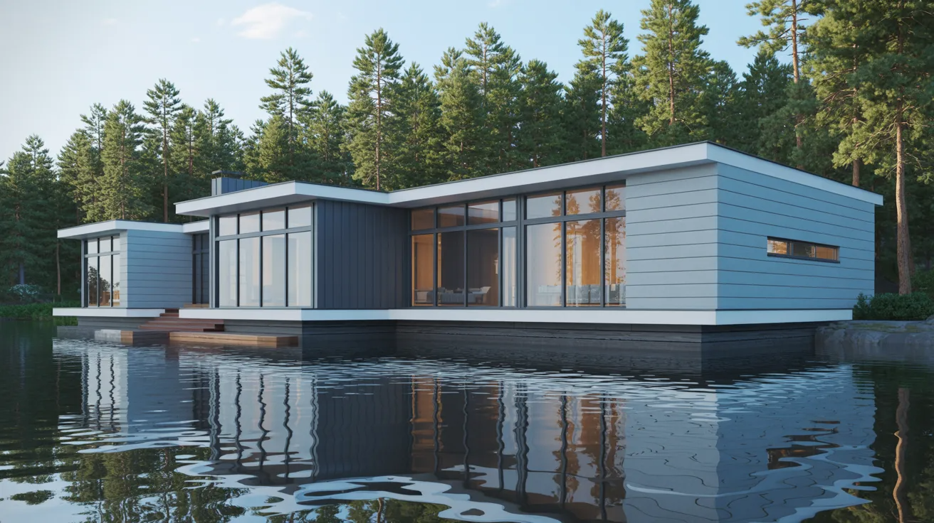 A serene floating house situated in the center of a tranquil lake, surrounded by lush greenery and clear blue skies.