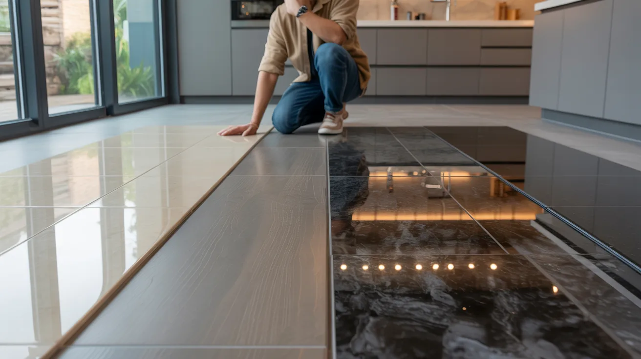 A woman kneels on the floor in a modern kitchen, surrounded by sleek appliances and contemporary decor.