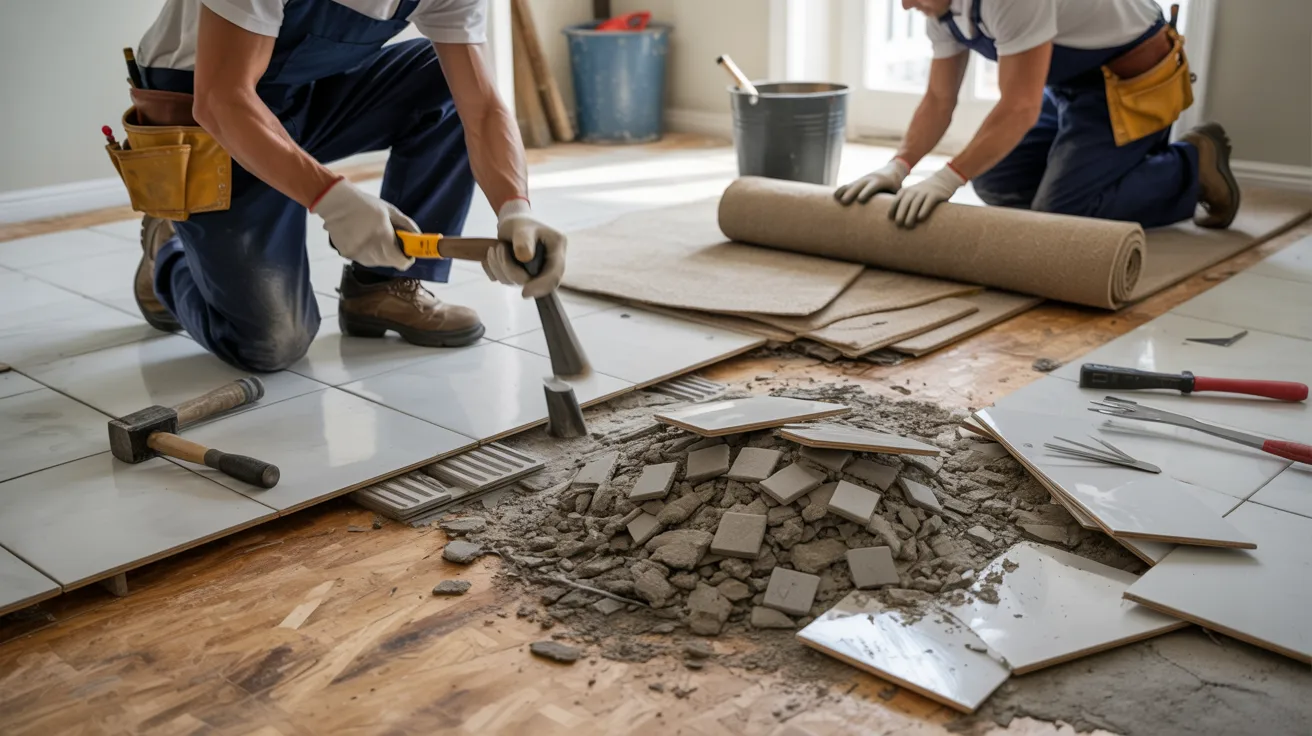 Two men installing tiles on a floor, surrounded by tools and materials for the tiling project.
