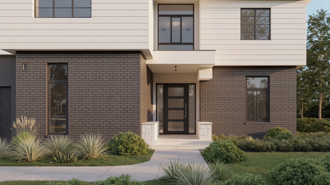 A modern home design featuring a spacious front porch and contemporary architectural elements.