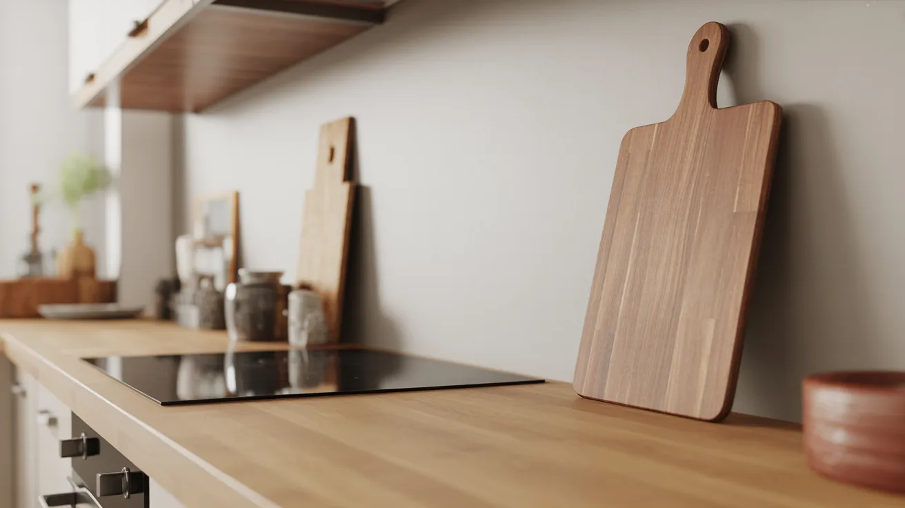 A modern kitchen countertop with a wooden cutting board, induction cooktop, and spice jars. Warm tones create a minimalist, inviting atmosphere.