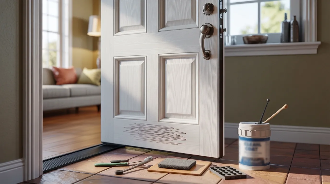 Open white door with scratches at the bottom, revealing cozy living room. Tools and paint bucket on tiled floor suggest repair work is underway.
